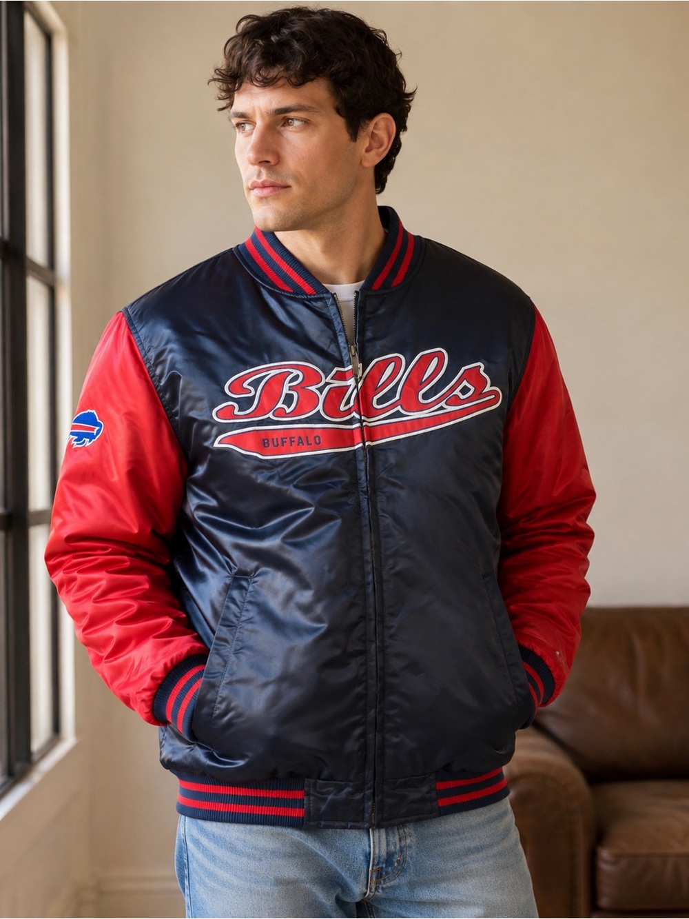 NFL Navy and Red Buffalo Satin Bomber Jacket REVERSIBLE XL